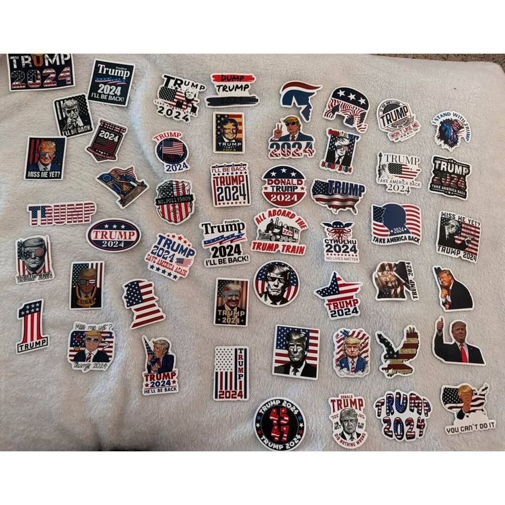 Trump 2024 Decanter Set + 50 Stickers + Croc Charms Coin MAGA Collectibles Lot